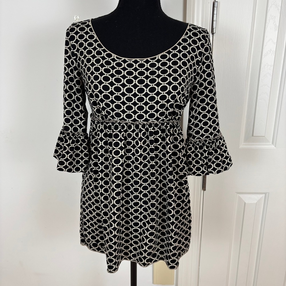 Studio‎ M Black & White Geometric Print Babydoll Y2K Mini Dress Bell Sleeve Sz M